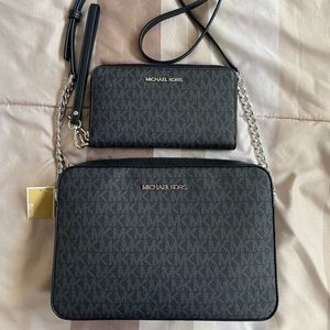 Large black MK logo crossbody with phone wallet.